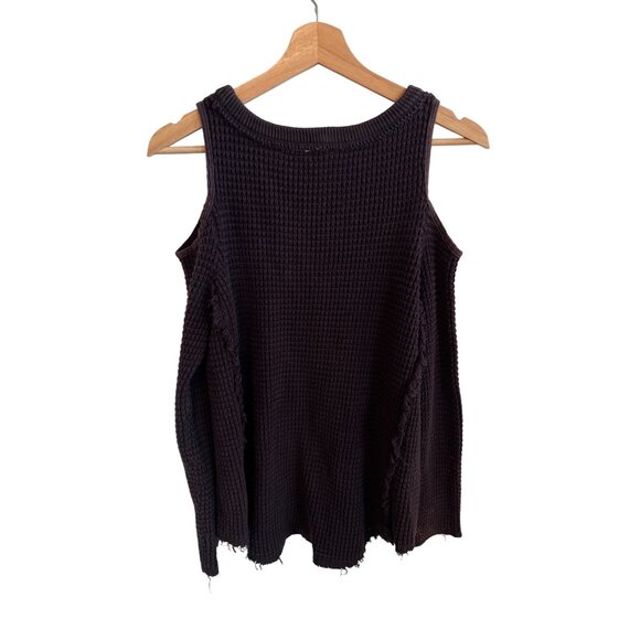 Free People Waffle Knit Cold Shoulder Black Sweater Women's Size XS Distressed - Picture 5 of 5